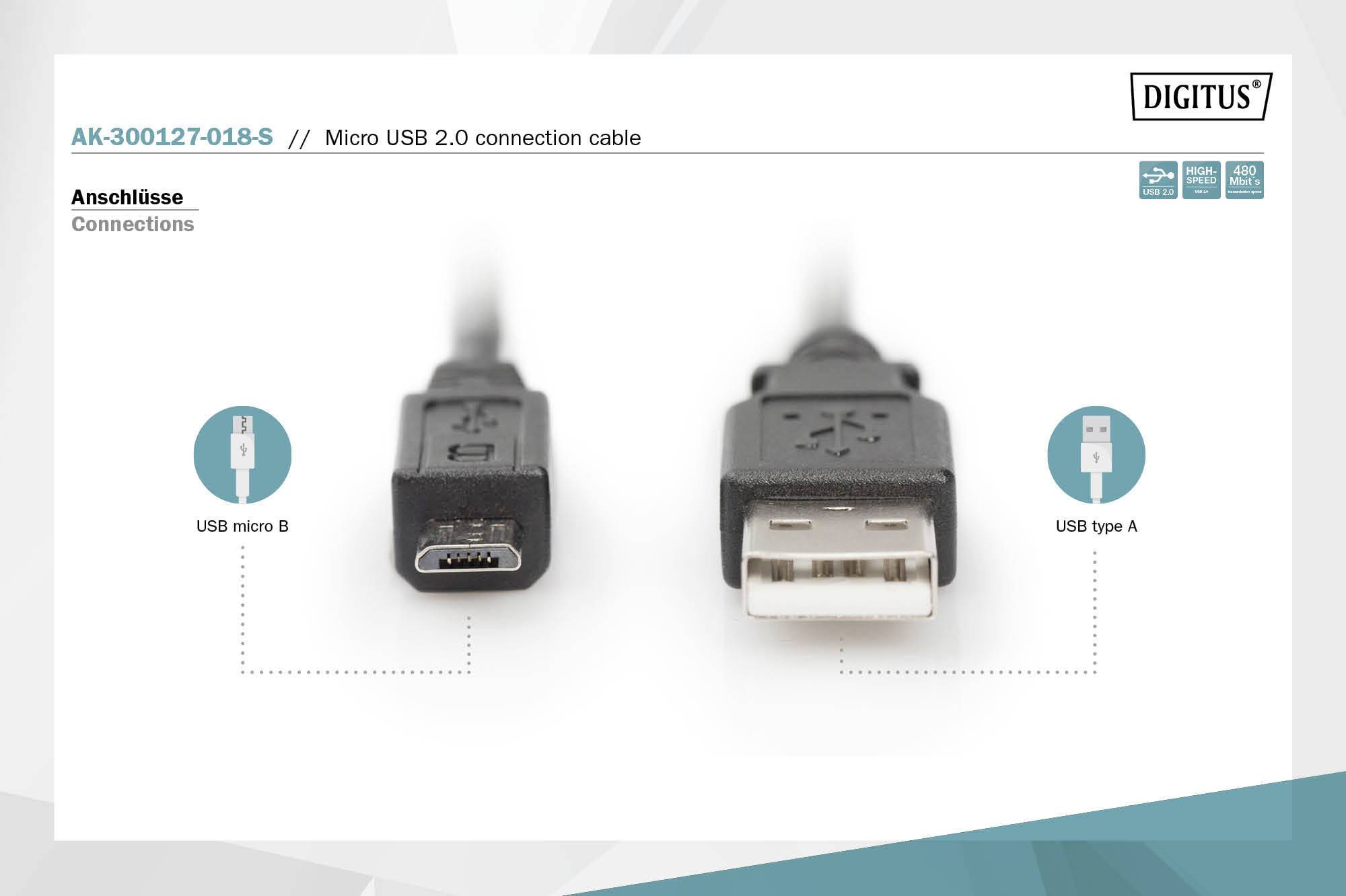 Micro USB 2.0 forbindelseskabel AK-300127-018-S fra Digitus. Viser USB Micro B og USB Type A stik.