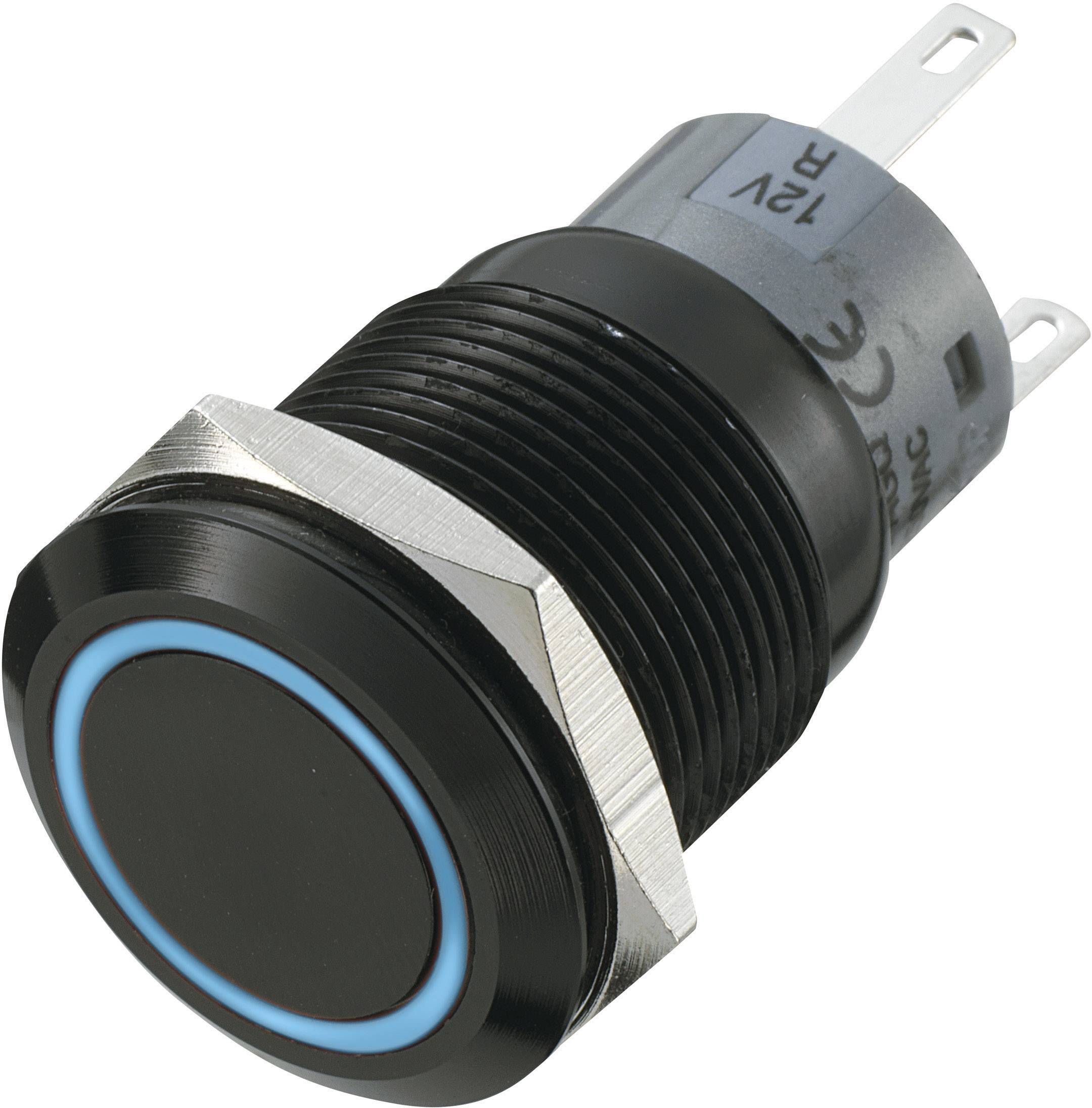 Sort trykknap med blå LED-ring og metalhus, egnet til 12V-kredsløb.