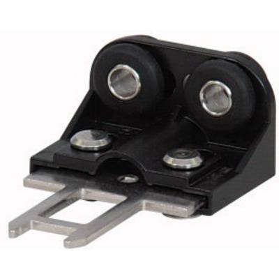 En sort elektrisk stik med to metalliske kontaktben og to runde stikpladser på en lys baggrund.