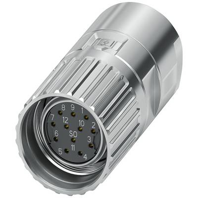 En sølvfarvet, cylinderformet multi-pin stik med tolv nummererede tilslutninger foran.