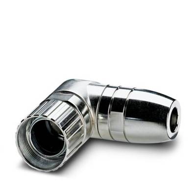 Metalisk vinkeladapter, primært cylindrisk, til forbindelse af kabler eller slanger i tekniske applikationer.