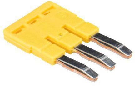 Gul fladstik-forbindelse med tre metalben, typisk anvendt til elektroniske forbindelser eller enheder.
