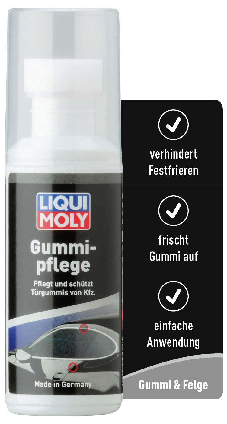 Flaske med 'Liqui Moly Gummipleje', beskytter bildørtætninger. Tre fremhævede fordele: forhindrer fastfrysning, fornyер gummi, nem at anvende.