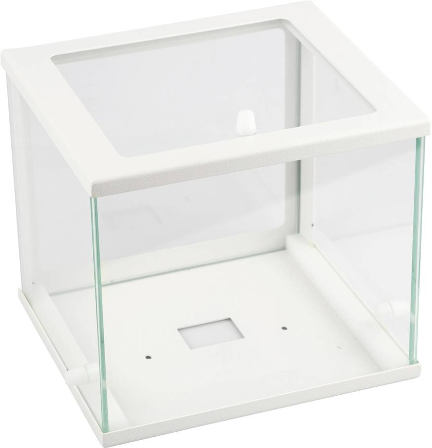 En gennemsigtig glasmontre med hvid ramme, velegnet til fremvisning af små genstande. Perfekt til samlerobjekter.