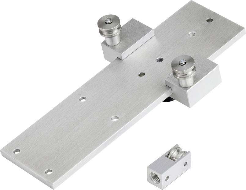 Metalkonstruktion med to ruller på en flad plade. Yderligere metalkomponent med rulle vist separat.