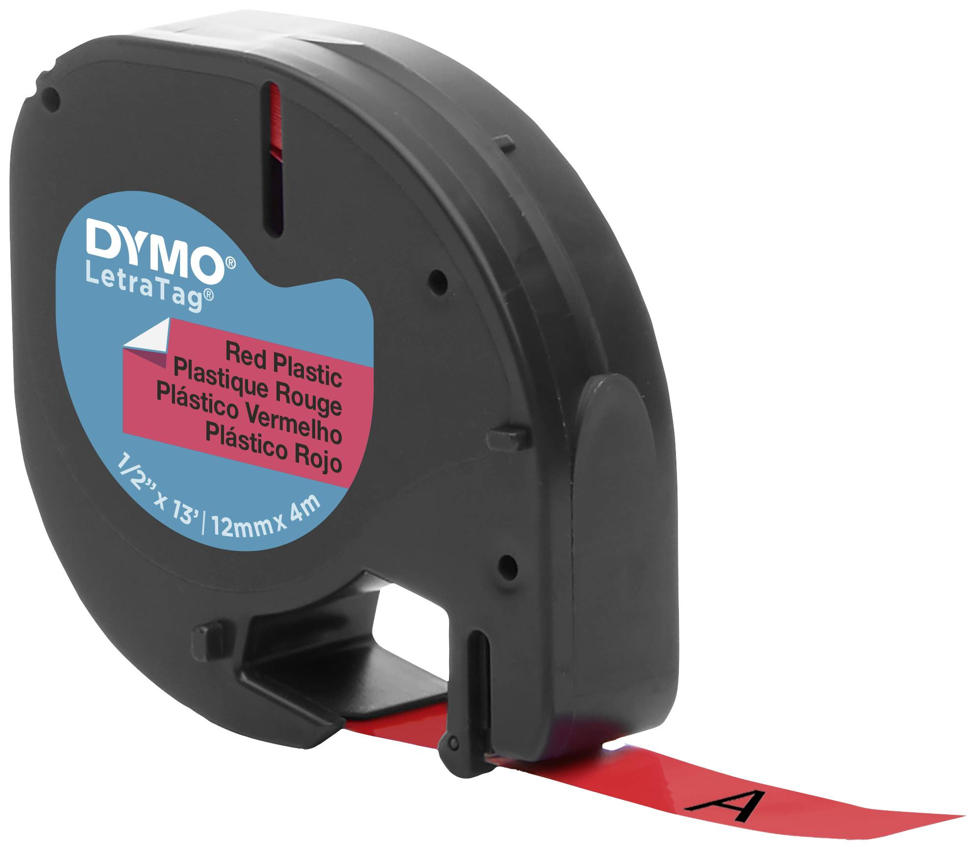 Sort Dymo LetraTag-enhed med rødt plastbånd nærmer sig bogstavet 'A'.
