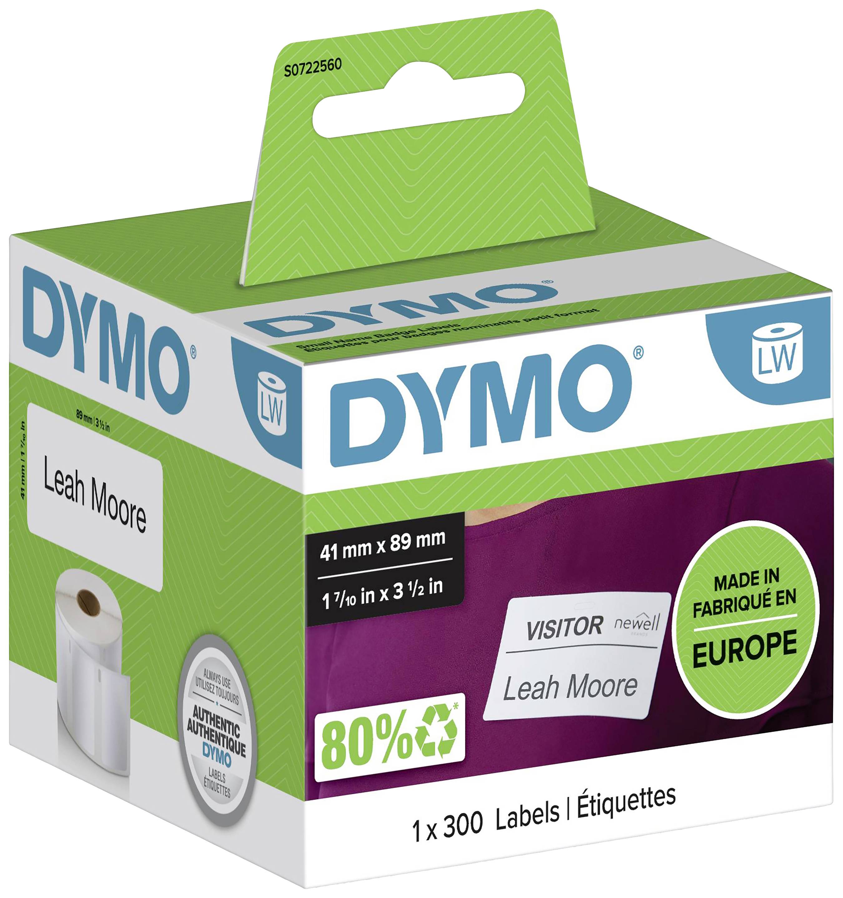 Emballage til Dymo-etiketter, 300 stk., 41 x 89 mm, 80% genanvendeligt materiale, 'Visitor' og 'Leah Moore' vist på et etiket.