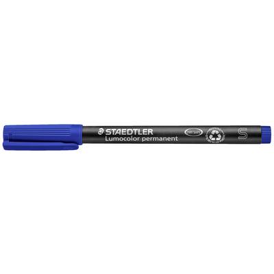 Blå permanent marker fra Staedtler, model 'Lumocolor', mærket med genanvendt materiale, velegnet til langtidsholdbar mærkning.