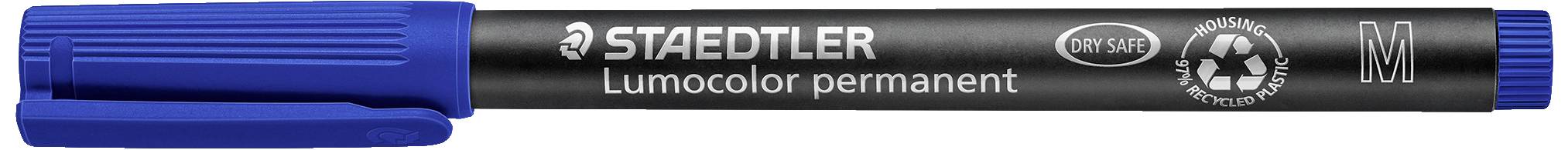 En blå, permanent marker 'STAEDTLER Lumocolor', vandfast, ligger vandret.