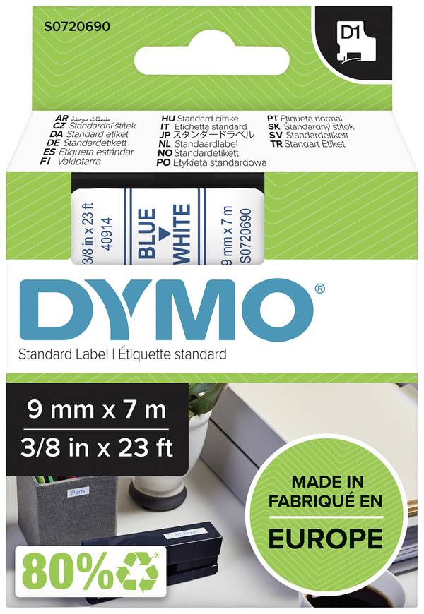 DYMO S0720690 Skriftbånd  Polyester  Båndfarve: Hvid Skriftfarve: Blå  9 mm 7 m