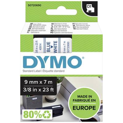 DYMO Standardetiket, emballage til 9 mm x 7 m bånd i blå på hvid. Indeholder europæisk producenthenvisning med 80 % genanvendelsesmateriale.