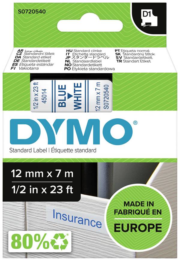 DYMO 45014 Skriftbånd  Polyester  Båndfarve: Hvid Skriftfarve: Blå  12 mm 7 m