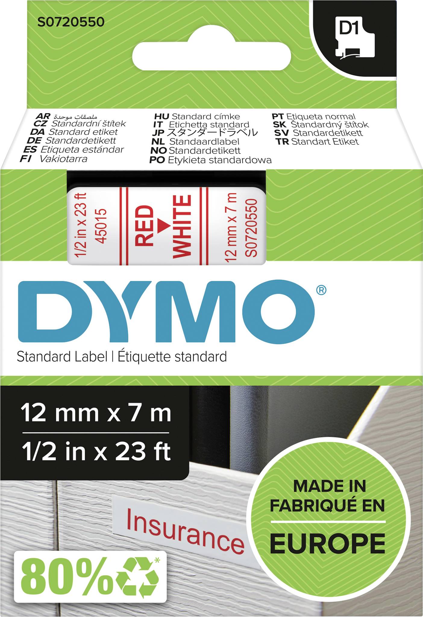 Emballage til et DYMO-standardetiket med dimensionerne 12 mm x 7 m. Påskrift: 'RØD HVID', 'FREMSTILLET I EUROPA', '80%'.