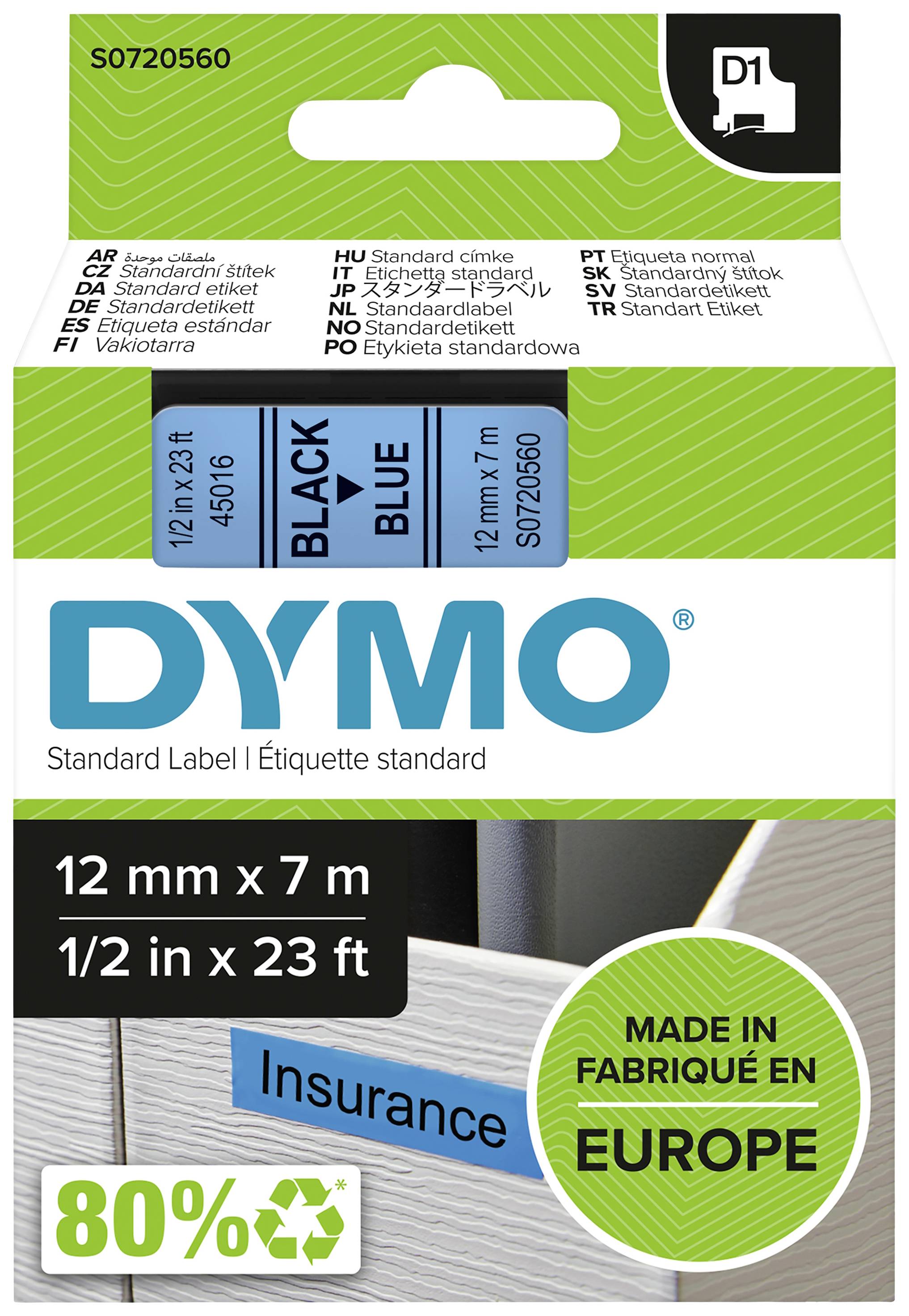 DYMO-pakningsetiket. Sort tekst på blåt bånd, 12 mm x 7 m. Fremhævet: 'Insurance' og 'Made in Europe'.