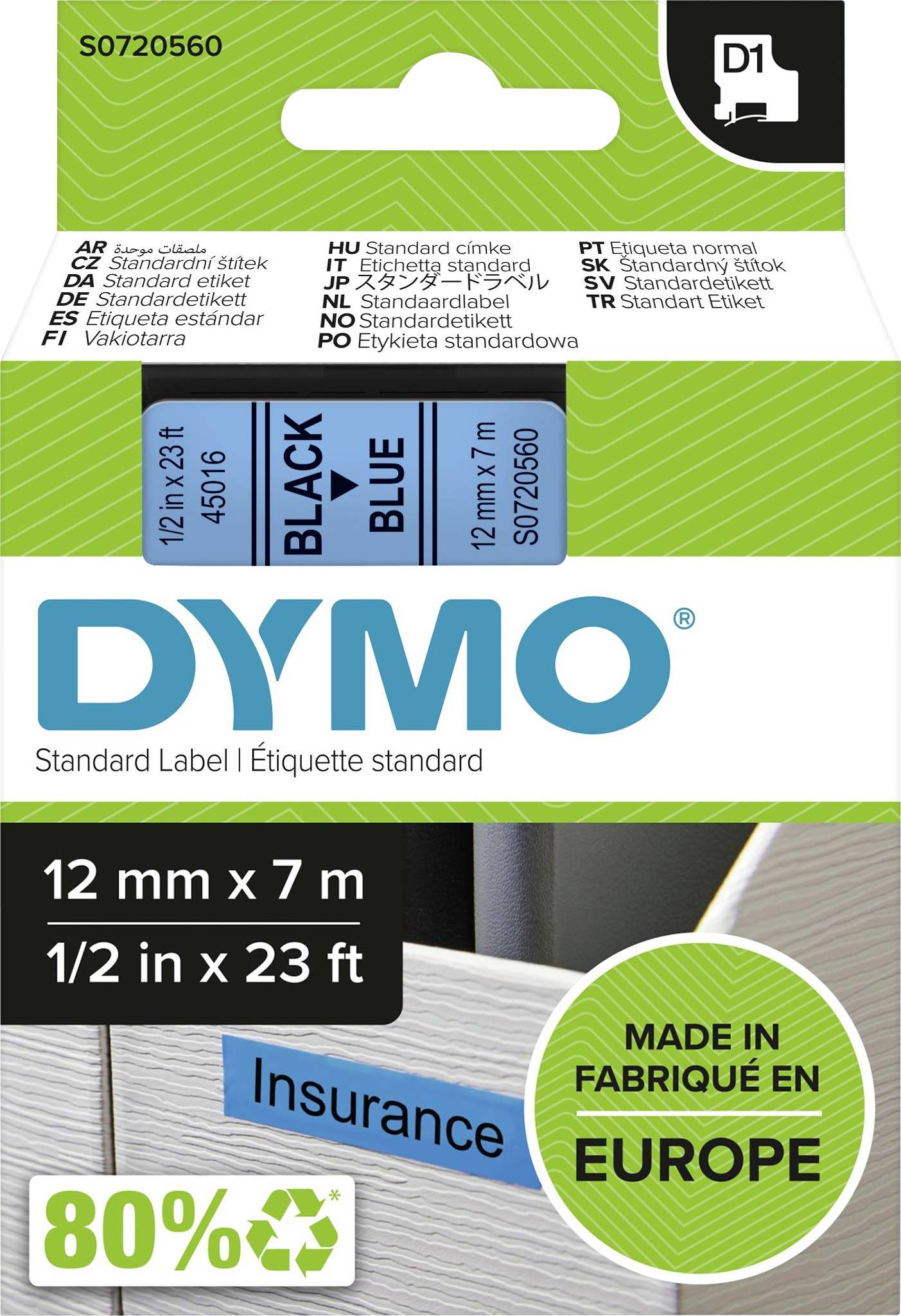 Etiketepakning med mærket 'DYMO', viser sorte og blå standardetiketter i 12 mm x 7 m. Fremstillet i Europa.