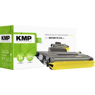 Tonerkassette til printer, mærke KMP, model Brother TN-2120, 36 måneders garanti, emballage ved siden af kassetten.