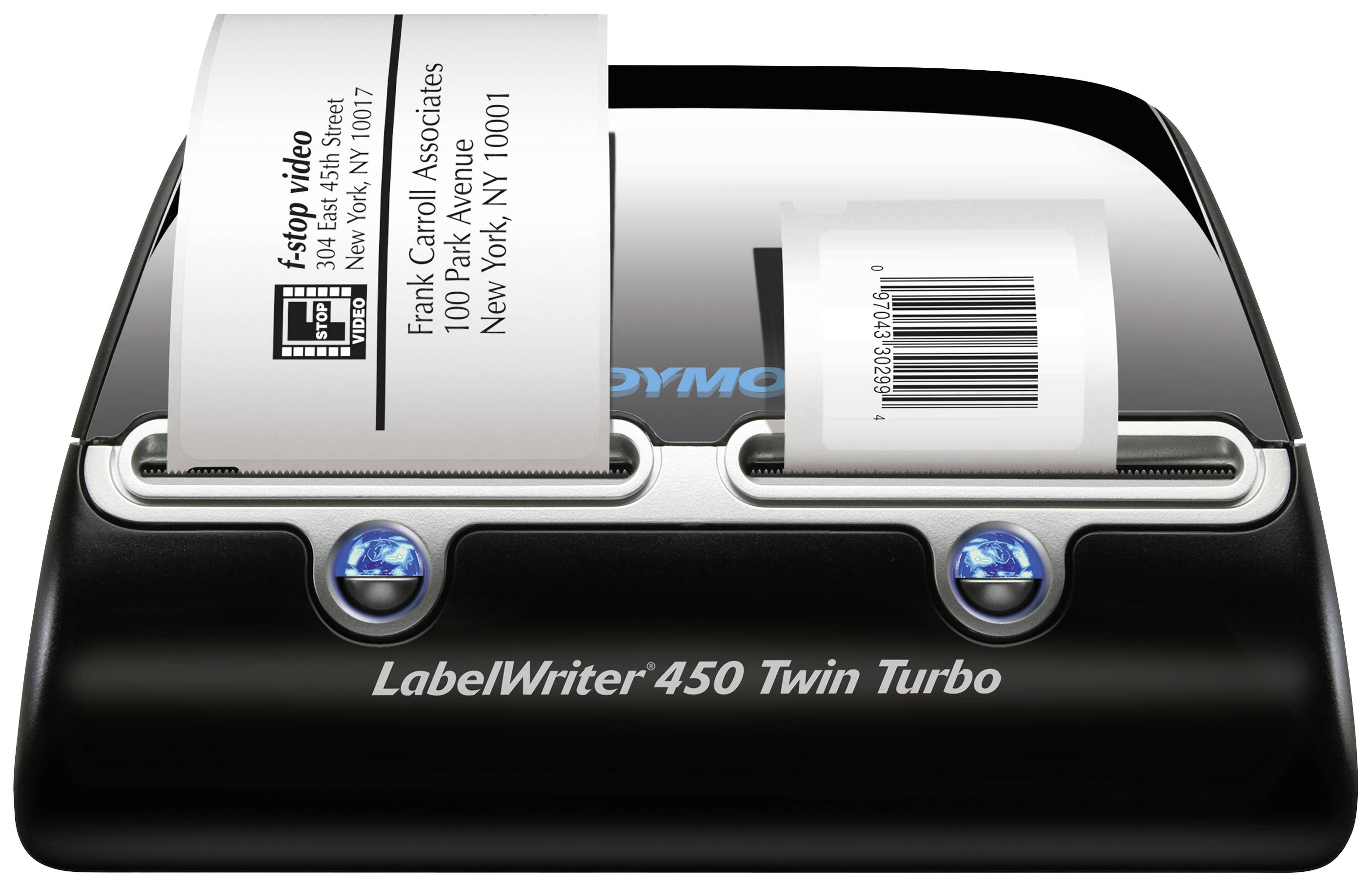 En etiketprinter med to trykte etiketter, en med adresse og en med stregkode. Modelnavn 'LabelWriter 450 Twin Turbo'.