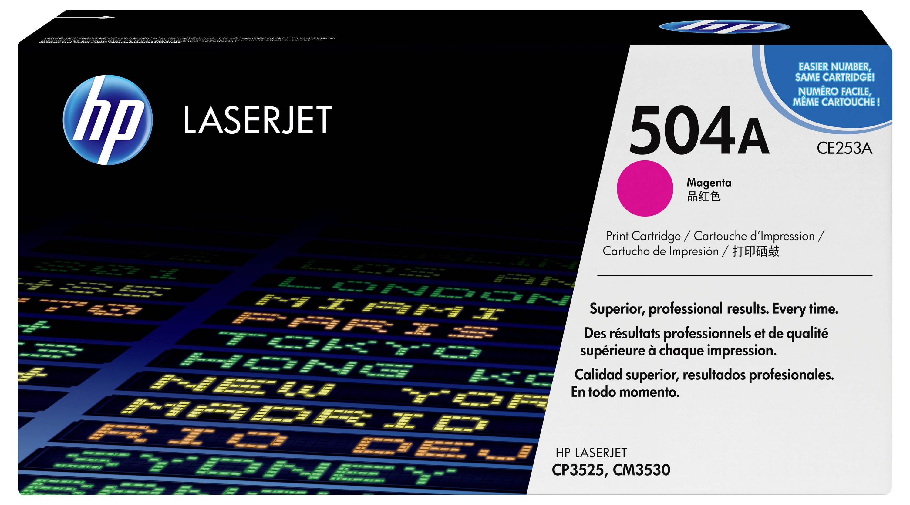 HP LaserJet 504A magenta tonerpatron-boks, mærket CE253A, til HP LaserJet CP3525 og CM3530 printere.