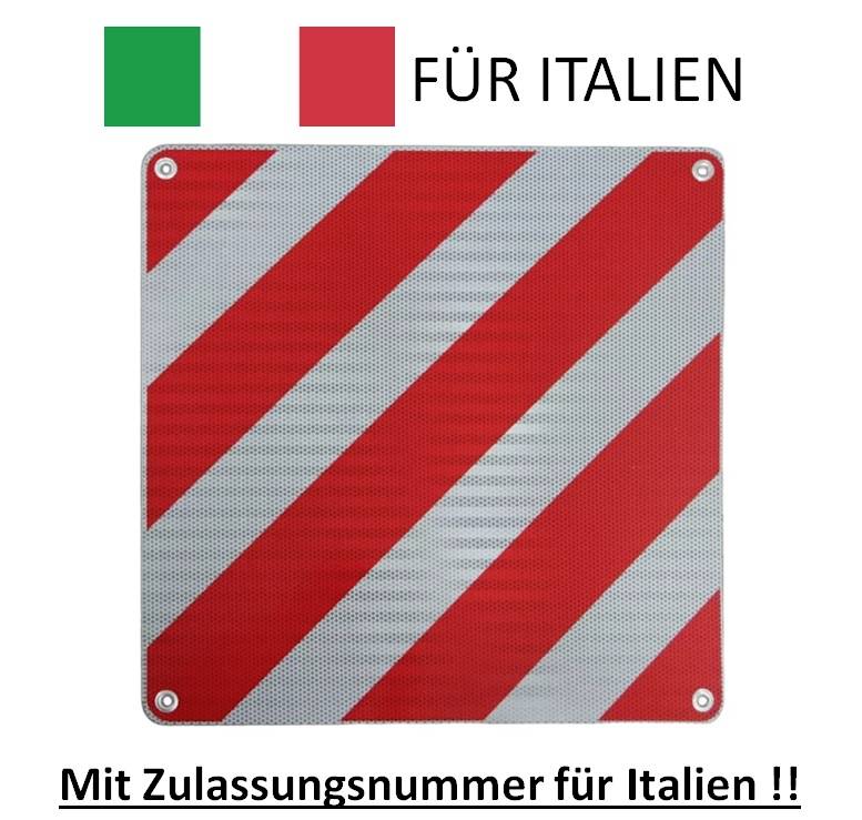 'Til Italien': Billede af et rødt og hvidt stribet advarselsskilt med en grøn og rød firkant øverst. Tekst: 'Med registreringsnummer til Italien!!'.