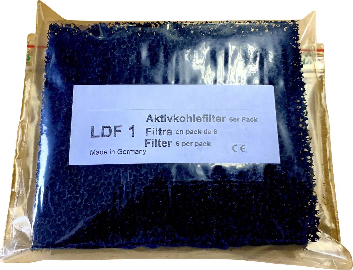 En pakke med seks LDF 1 aktivkulfiltre. Tekst på etiketten: 'Aktivkulfiltre 6-pak, Made in Germany'.