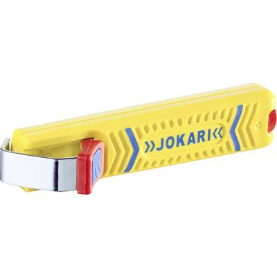 Et gult afisoleringsværktøj med blå 'Jokari'-skrift på siden, en rød knap og et metalblad.