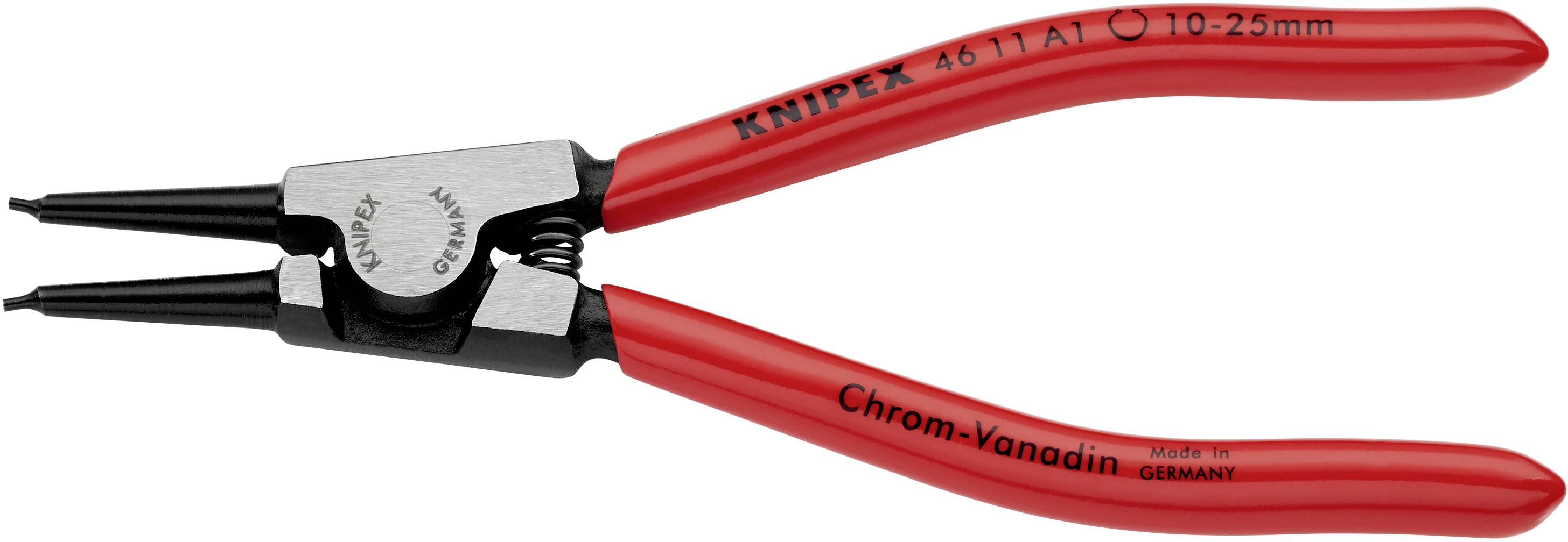 Rød Knipex sikringsringtang, egnet til indvendige ringe fra 10-25 mm, krom-vanadium, fremstillet i Tyskland.
