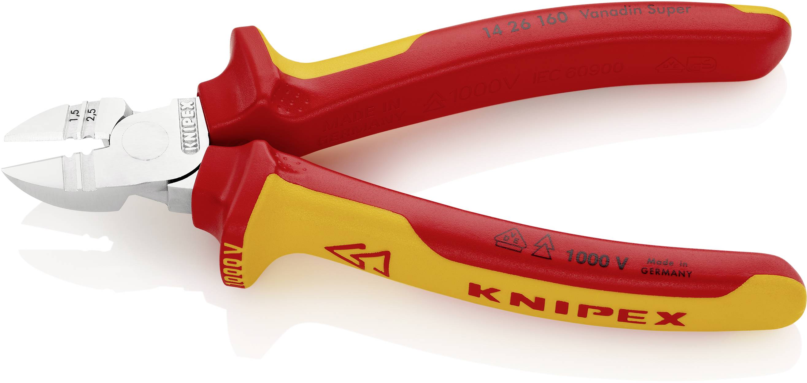 Sidesaks med rød og gul håndtag, mærket med 'KNIPEX' og '1000V', egnet til arbejde på spændingsførende dele.