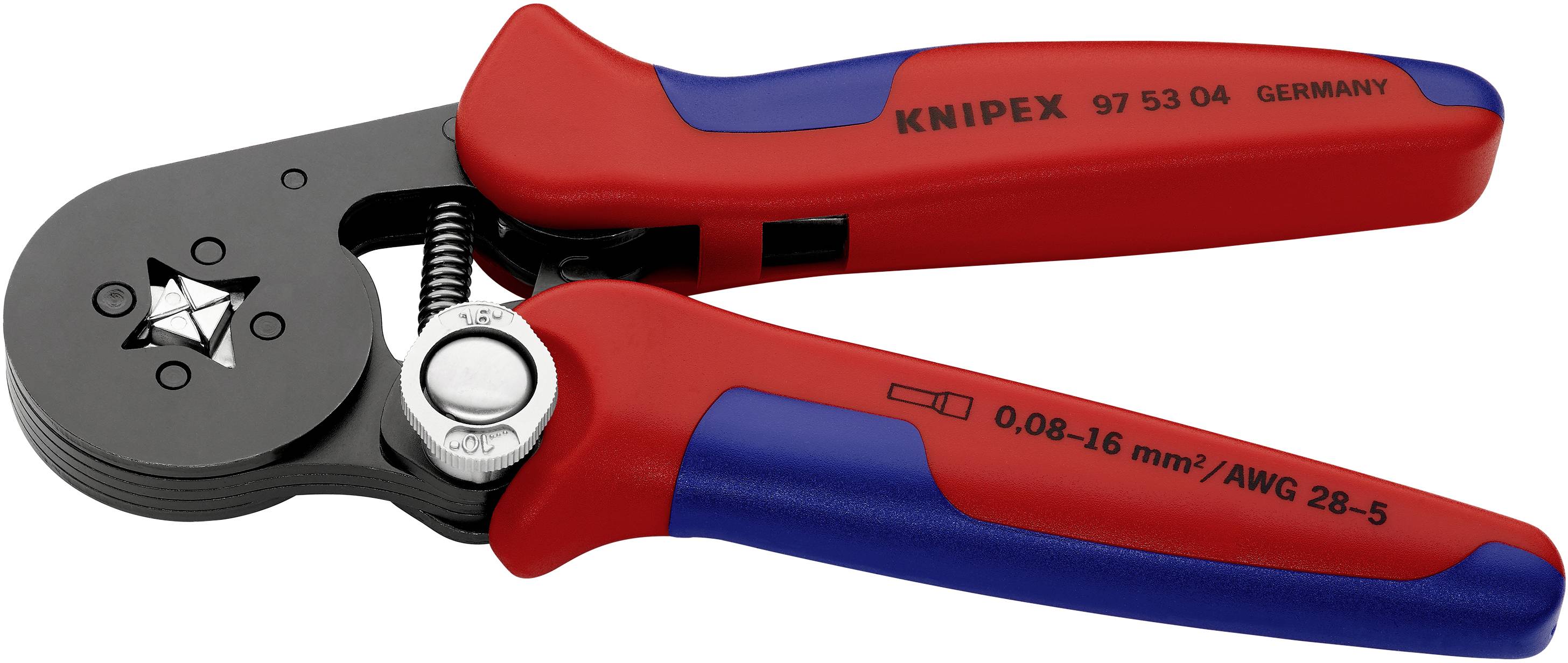Crimptang til elektriske ledninger, sort-rødt design, med påskrift 'KNIPEX 97 53 04 GERMANY' og størrelsesangivelse.