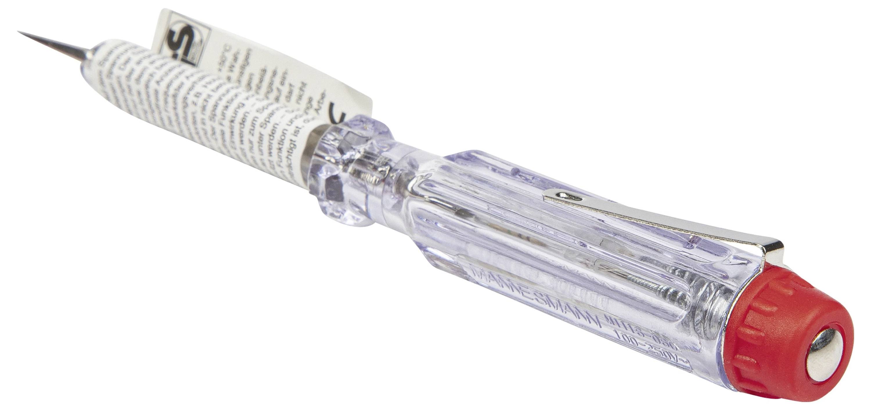 En transparent fasekontrollampe med rødt endestykke og metalclips. Den bruges til at kontrollere elektriske spændinger.