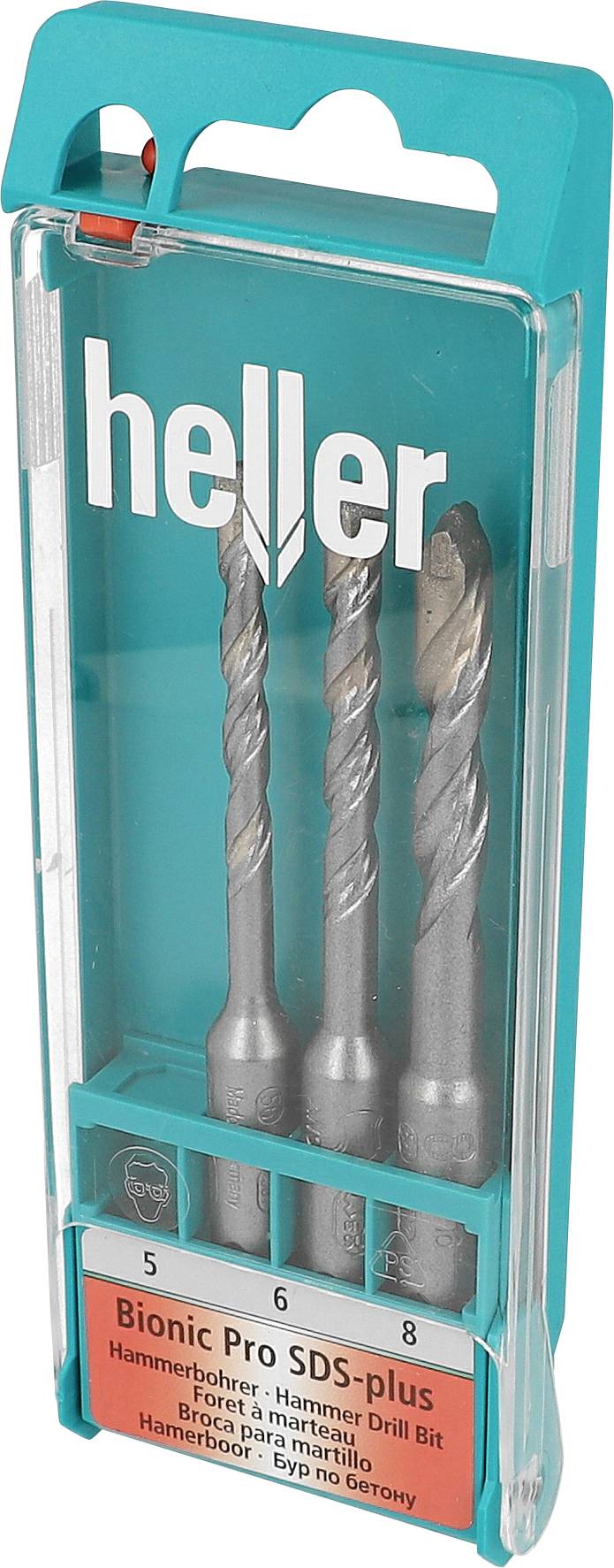 Turkis plastikpakke til borebit mærket "heller" og "Bionic Pro SDS-plus", viser tre grå slagborebits i størrelserne 5, 6 og 8 mm.