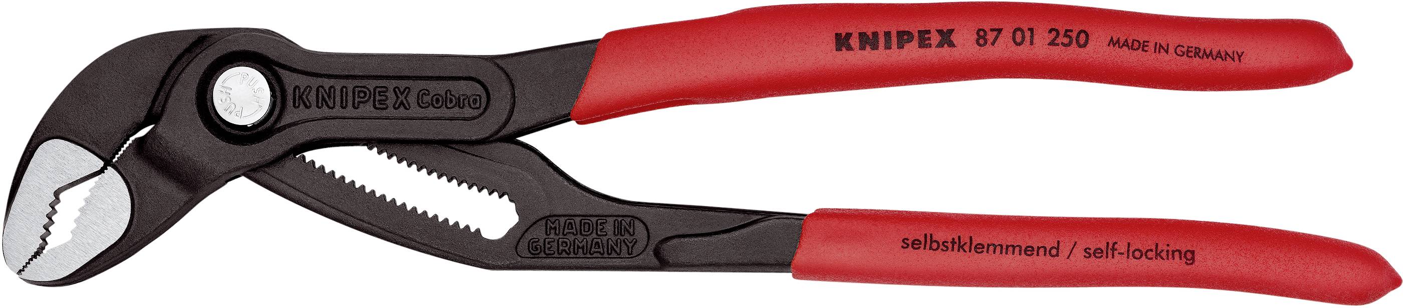 Rød Knipex vandpumpetang med selvlåsende funktion, mærket 'Made in Germany'. Velegnet til VVS-arbejde eller håndværksopgaver.