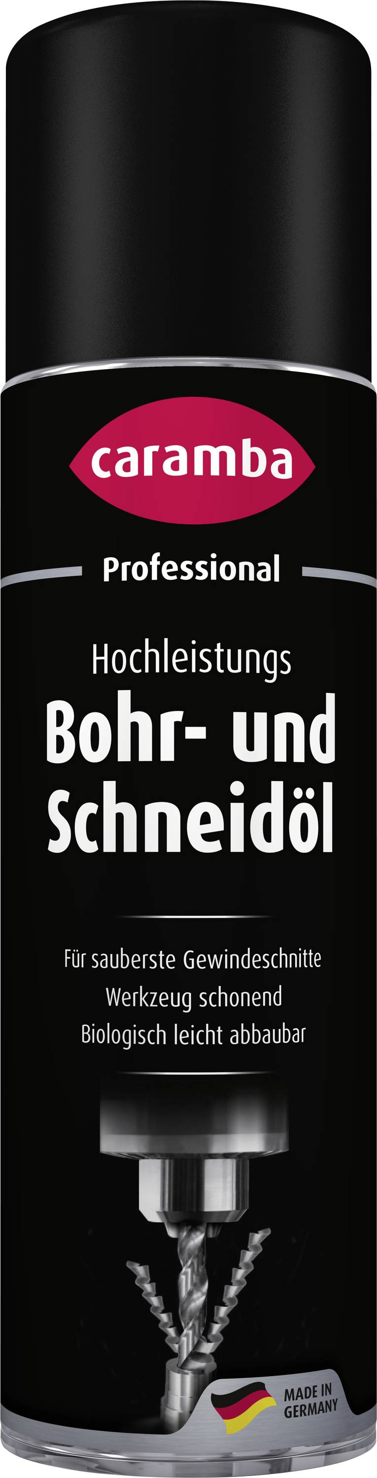 Sort aerosolbeholder af Caramba Professional 'Hochleistungs Bohr- und Schneidöl' til boring og skæring, med metallisk borbitgrafik og tysk etiket.