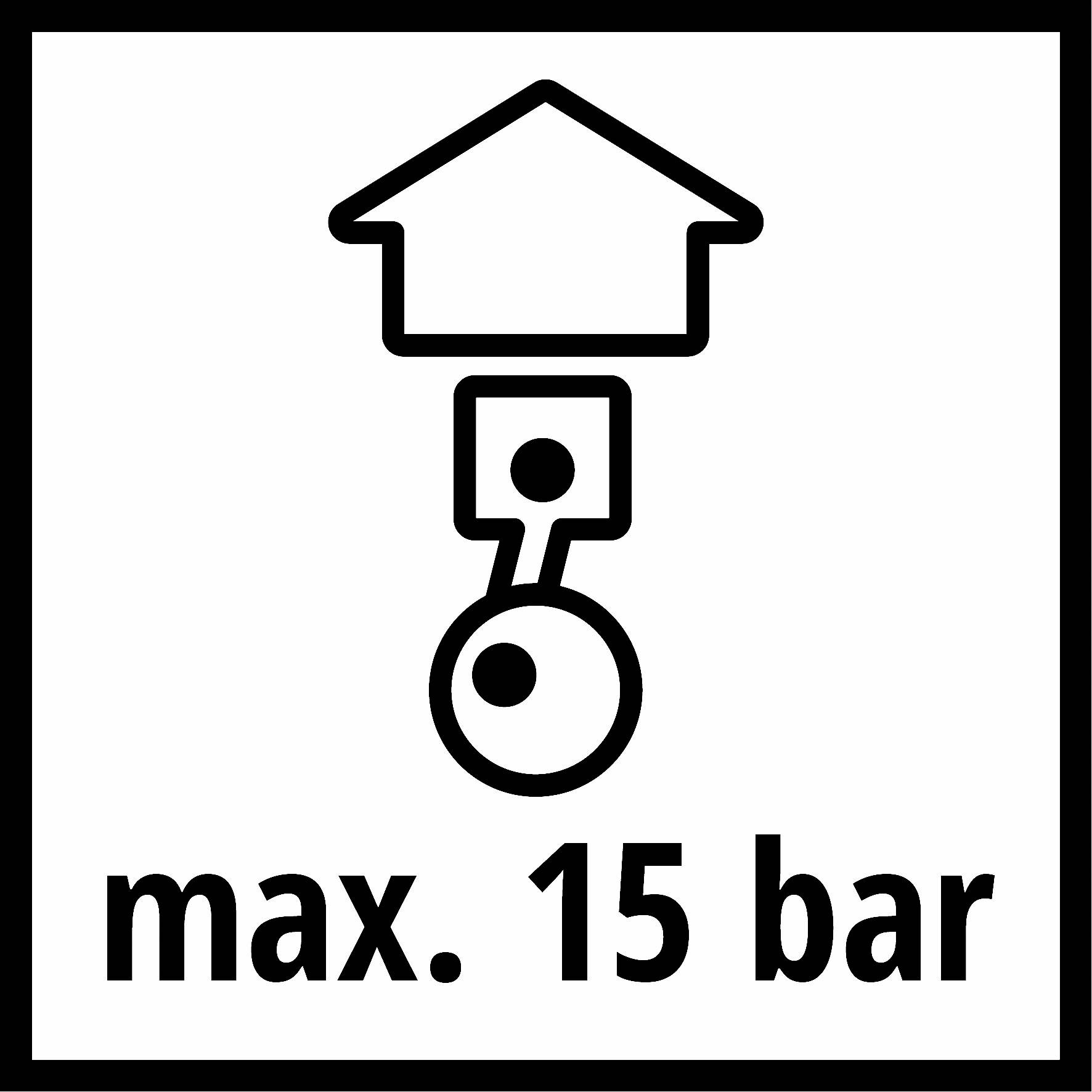 Et symbol viser et hus over en kolbe med påskriften 'maks. 15 bar', hvilket angiver et maksimalt tryk på 15 bar.