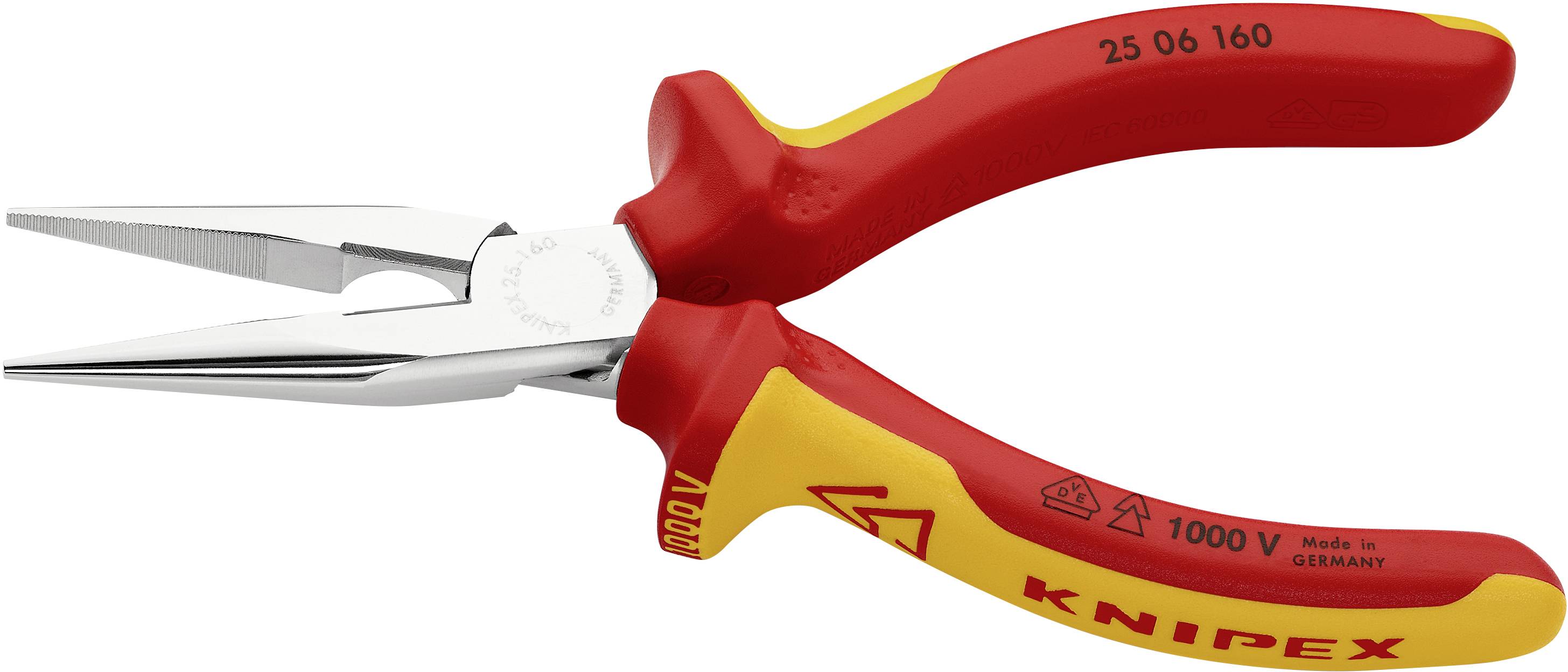 Spidstang med rød og gul håndtag. Egnet til arbejde med spænding op til 1000V. Mærkning viser Knipex-logo og sikkerhedscertifikater.