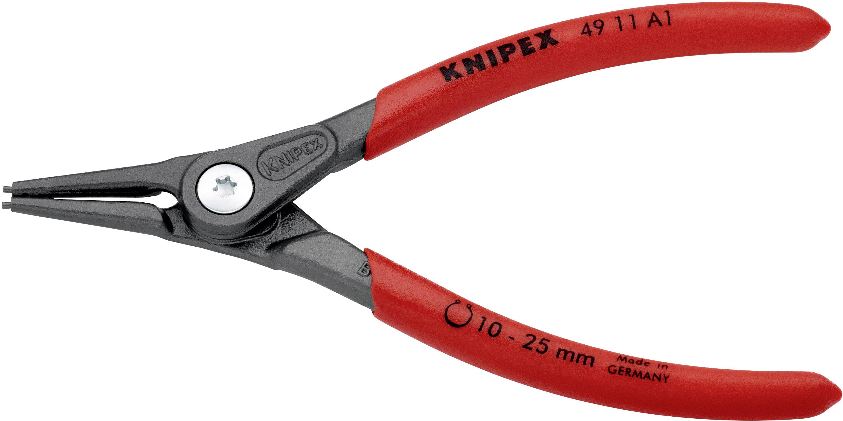 Rødbrun-sort låseringstang fra Knipex, modeltype 4911A1, til indvendige ringe med en diameter på 10 til 25 mm.