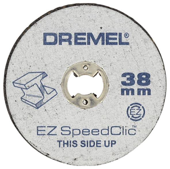 Slibeskive mærket 'DREMEL 38 mm EZ SpeedClic THIS SIDE UP'. En grafik af en clips og et symbol er også synlige.