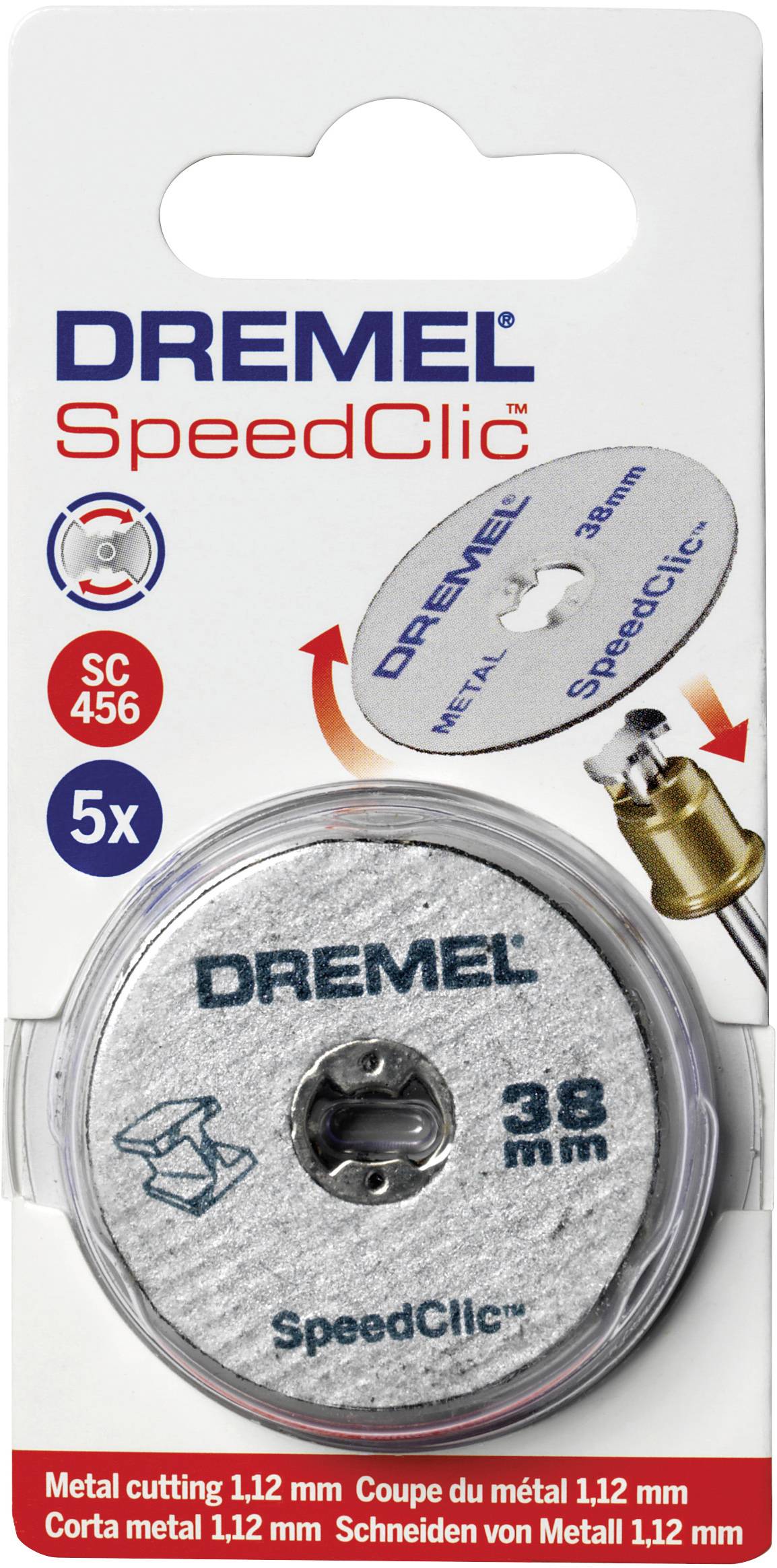 'Emballage til DREMEL SpeedClic skæreskiver, specielt til metalskæring. Indeholder 5 skiver med en diameter på 38 mm.'