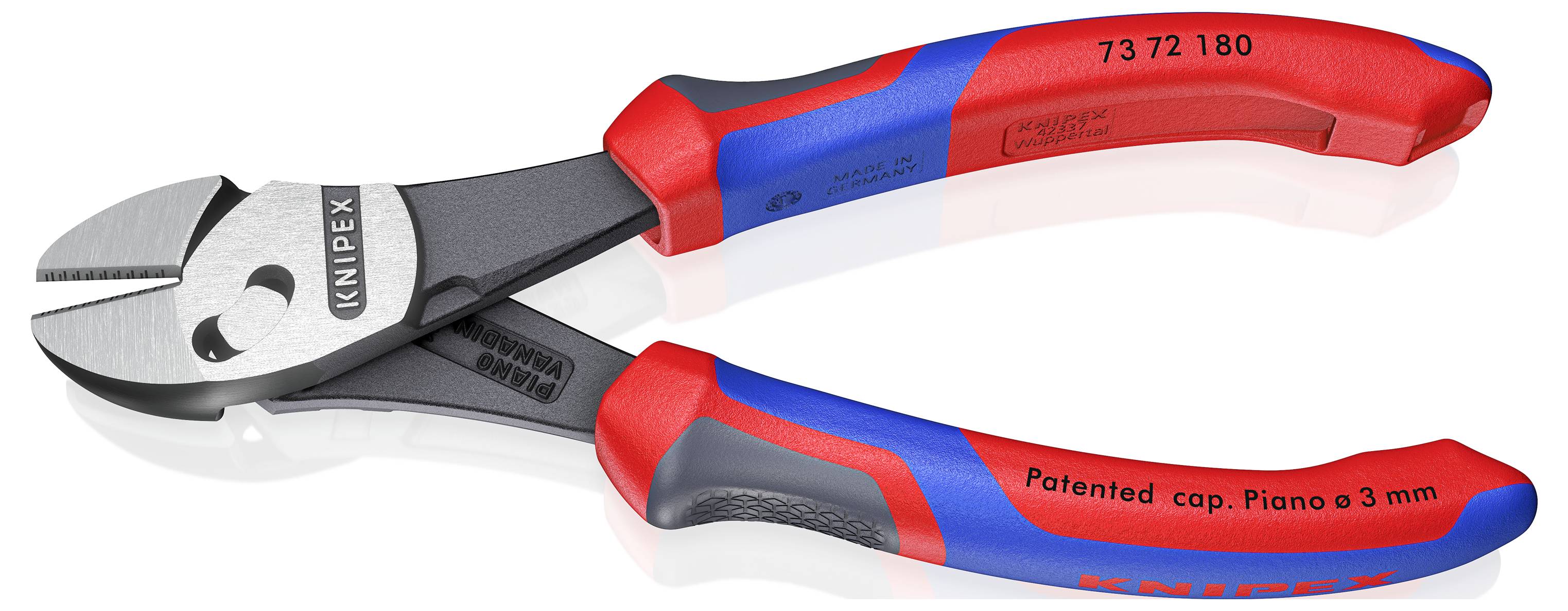 Røde og blå håndtag Knipex-skære med 'Patenteret låg. Piano ø 3 mm' tekst, designet til præcise skæreopgaver.