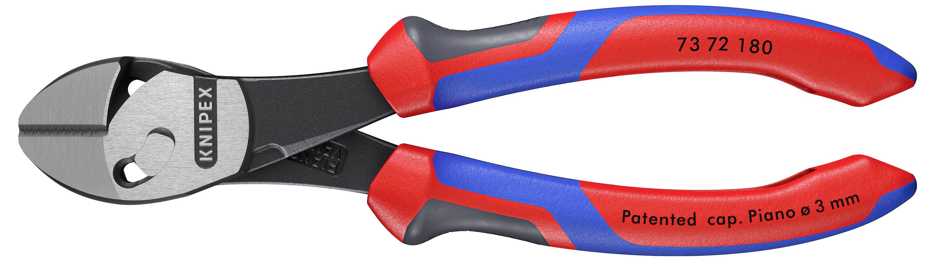 Rød og blåhåndet trådklipper med "Knipex" mærkning. Indgraveret tekst: "73 72 180" og "Patenteret kappe. Piano ø 3 mm".