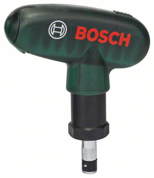 En grøn, torpedoformet Bosch-skruetrækker med rødt logo, ergonomisk greb og udskifteligt bit.
