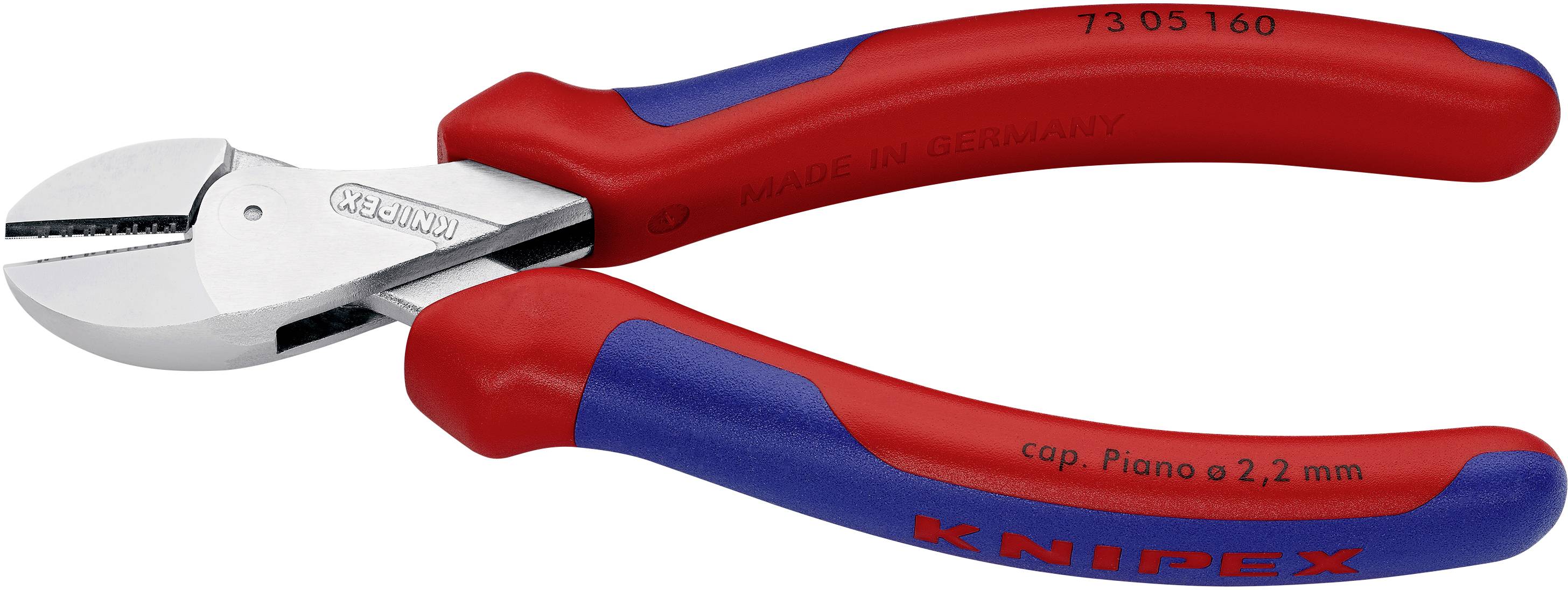 En rød og blå Knipex-sidetang med påskriften 'made in Germany', velegnet til fint trådklip op til 2,2 mm.