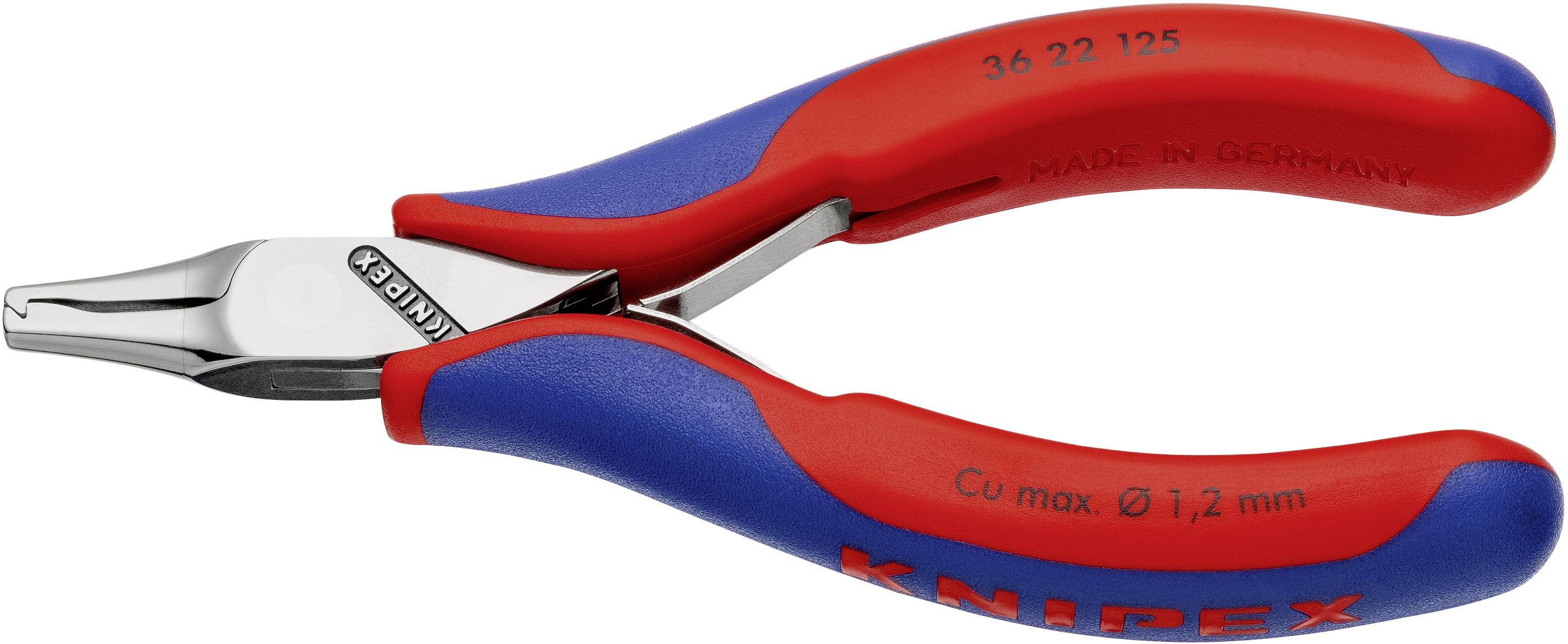 Rød og blå tang fra mærket Knipex, egnet til finere arbejdsopgaver, viser modelnnummeret og oprindelsen 'Made in Germany'.