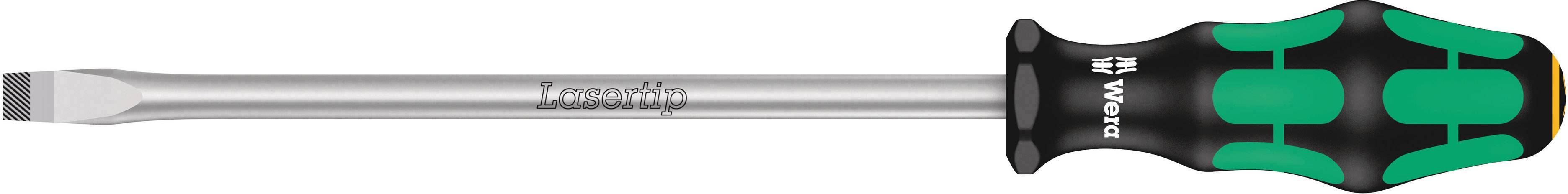En skruetrækker med fladt blad, sort og grønt ergonomisk håndtag. Mærkning 'Lasertip' på skaftet.