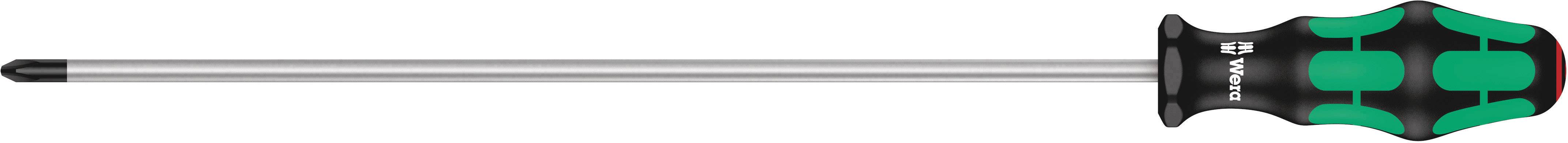 Krydshovedskruetrækker med lang, smal metalskaft og et ergonomisk, grønt plastgreb for bedre greb.