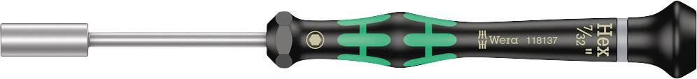 Skruetrækker med sort håndtag og grønne detaljer, perfekt til præcisionsopgaver. Modelnummer '116387' er angivet på værktøjet.