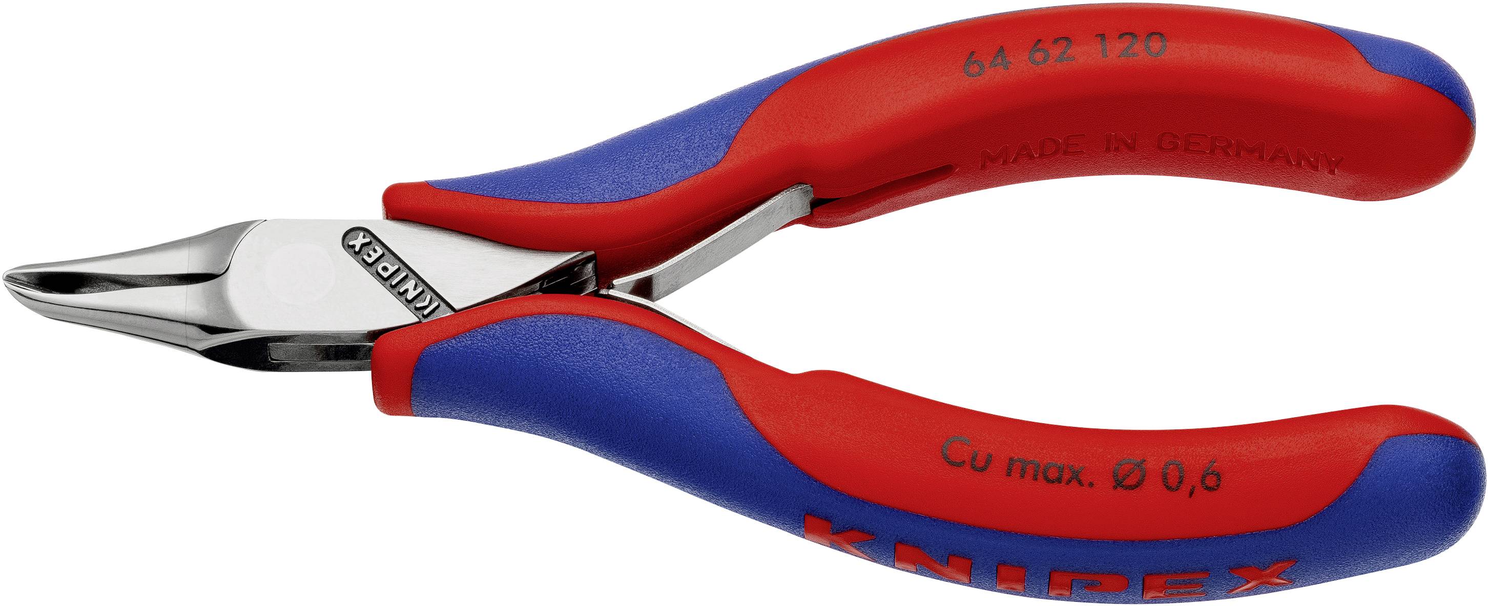 En rød og blå Knipex-tang, egnet til at klippe kobberledninger op til en diameter på 0,6 mm, fremstillet i Tyskland.
