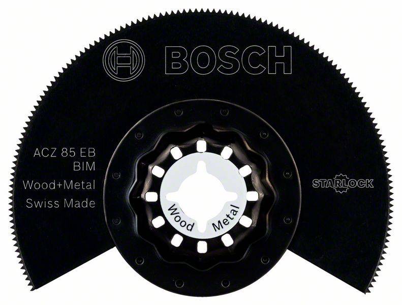 Sort savklinge med tænder, mærke 'Bosch', påskrevet 'Wood+Metal, ACZ 85 EB BIM, Swiss Made, Starlock'.