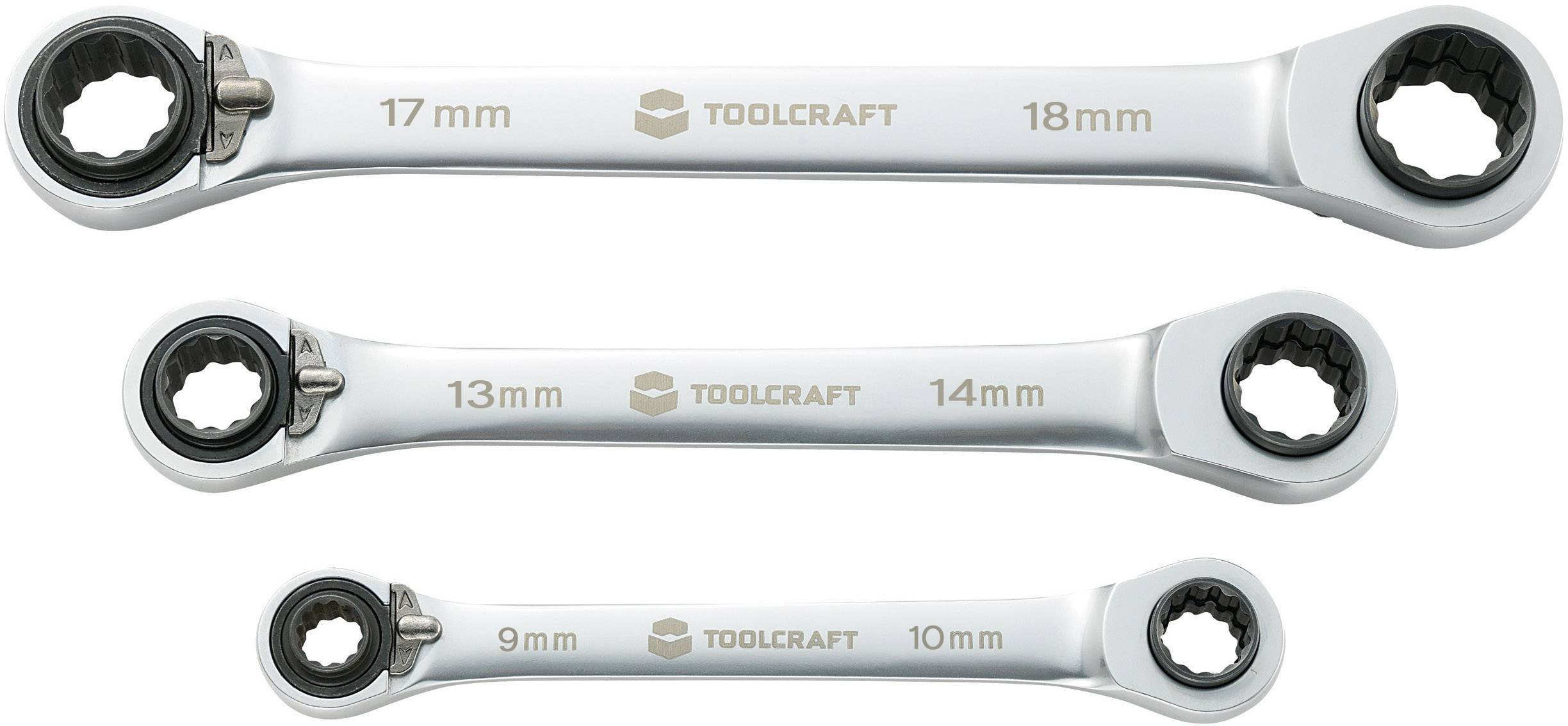 Tre sølvfarvede skraldenøgler med ringhoveder med størrelsesmarkeringer: 17-18 mm, 13-14 mm, 9-10 mm, og logoet 'TOOLCRAFT' i midten.
