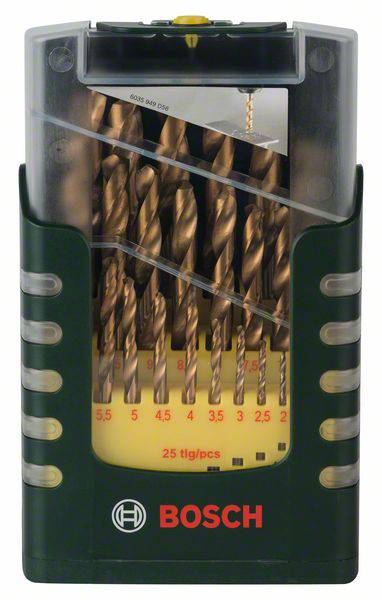 'BOSCH boresæt i sort emballage, størrelser inkluderet: 1-6 mm, gul holder indeni, transparent frontdisplay.'
