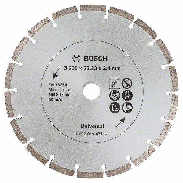 Diamantskæreskive med Bosch-logo; Ø 230 x 22,23 x 2,4 mm; Maks. 6650 o/min, 80 m/s; Symboler for beskyttelsestøj; 'Universal' anvendelse.